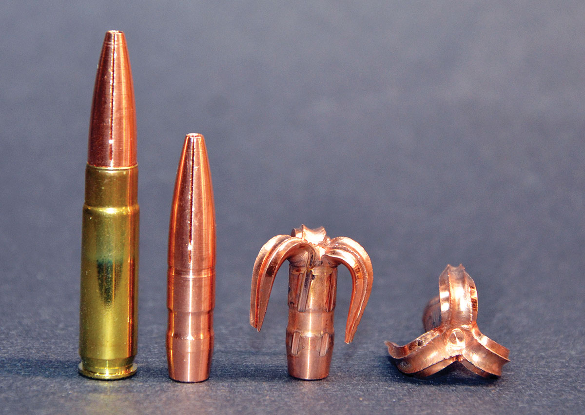 The all-copper, 194-grain Maximum Expansion bullet made by Lehigh Defense is 1.560 inches long with an extremely deep cavity that begins at the nose and reaches .800 inch into its body. As a final touch, the CNC Swiss screw machine that shapes it saws three narrow exterior weakening grooves spaced on 120-degree centers beginning at the nose and extending back to adjacent with the bottom of the cavity. As the bullet penetrates, it splits into three petals that radiate outward while remaining attached to the solid shank of the bullet. Designed specifically to perform at subsonic velocities, it should not be pushed faster.